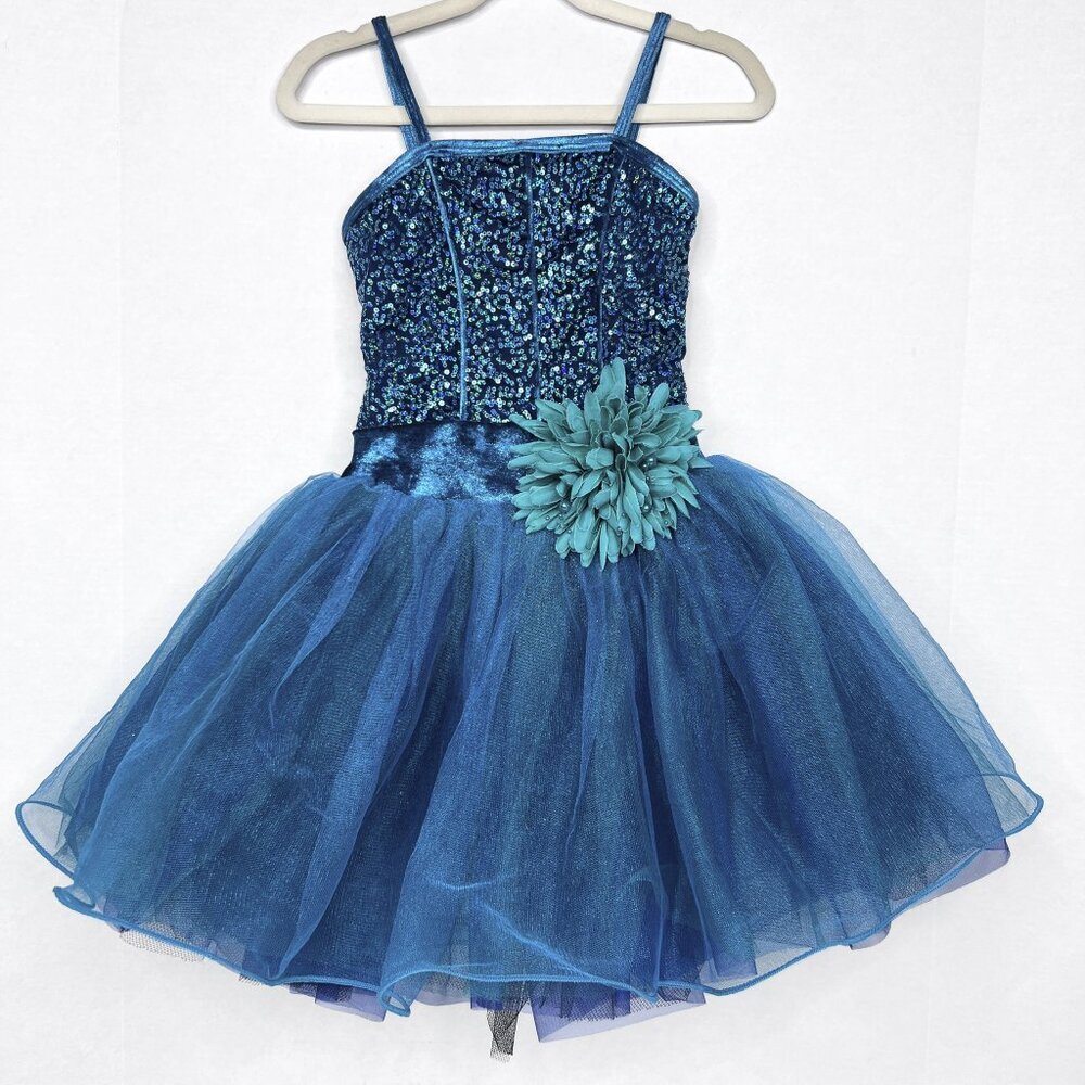 Curtain Call Teal Sequined Bodice Tule Skirt with Flower Dance Costume Size M